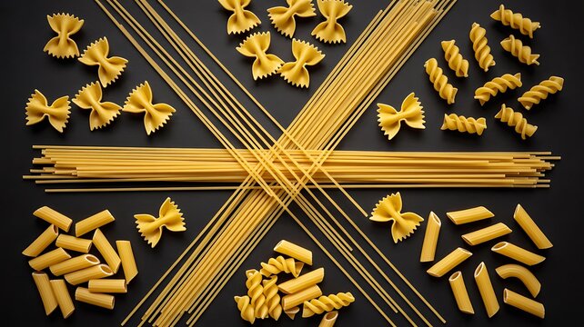 An artistic arrangement of various pasta types on a dark surface showcasing italian culinary delights