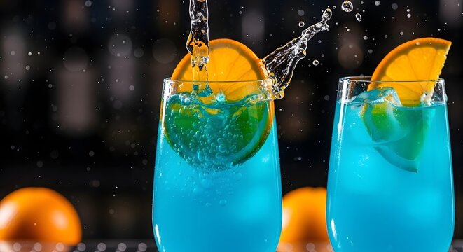Two glasses of blue lagoon cocktail with orange slices and splashing liquid