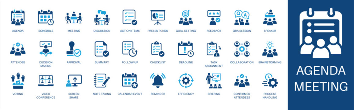 Agenda meeting and schedule solid icon set. Featuring task assignment, decision making, video conference, goal setting, and action items. Vector icons for presentations and reports
