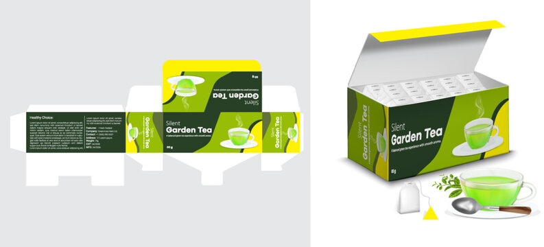 Green Tea Packaging Box Mockup Set with soft copy and Packaging design with Herbal Tea Branding Design Template