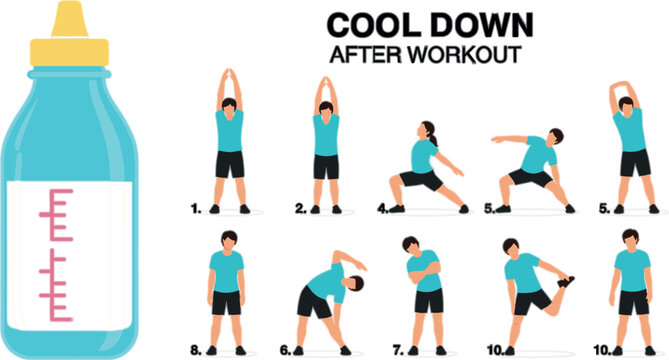 Workout Cool Down Exercises Illustration with Stretching Routine, Fitness Training Steps, Water Bottle Hydration, and Healthy Lifestyle Vector Collection