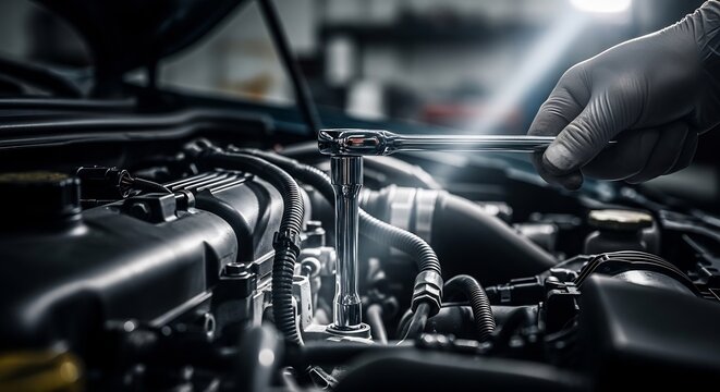 Mechanic working on car engine with wrench close up.
