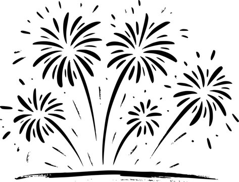Black and white hand-drawn fireworks exploding in a celebratory display against a white background