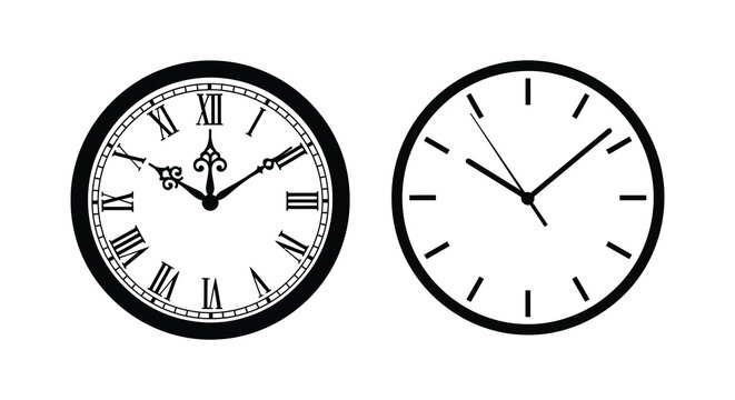 Two wall clocks with roman numerals and simple hands silhouette