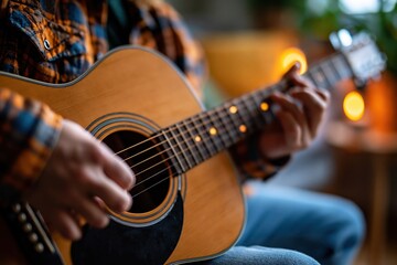 Fototapeta premium Beginner practicing acoustic guitar in bright room with fresh plants