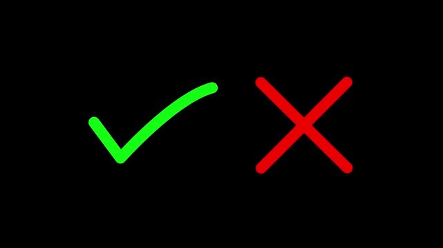Green check mark and red cross set isolated on black background for digital interface and user experience testing featuring simple flat style symbols