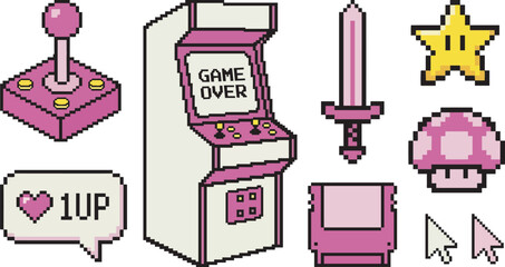 Collection of pixel art elements depicting classic video game icons and items with a pink theme © GraphicGrove