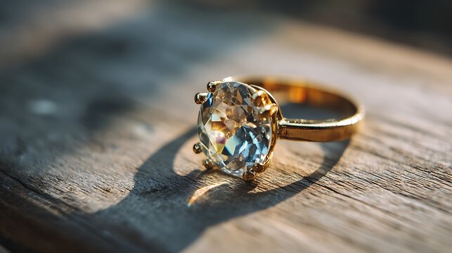 Close-up of a glittering gemstone ring on a textured wooden surface, illuminated by sunlight