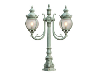 Obraz premium Ornate vintage dual street lamp with aged patina, illuminated against a clean white background, evoking a classic and elegant mood.