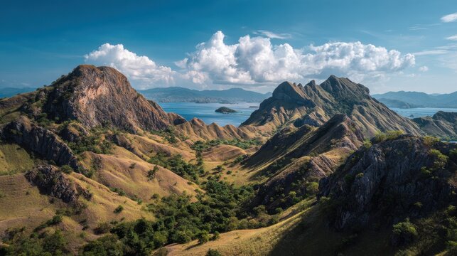 Stunning landscape view of Padar Island in Komodo National Park, Indonesia, featuring rugged hills and blue sea under a cloudy sky