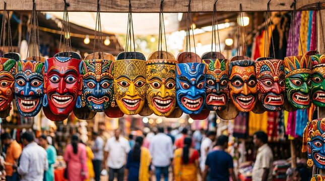 wide background banner of Colorful human face mask dummies hanging on streets in Hindu cultural event Dussehra festival