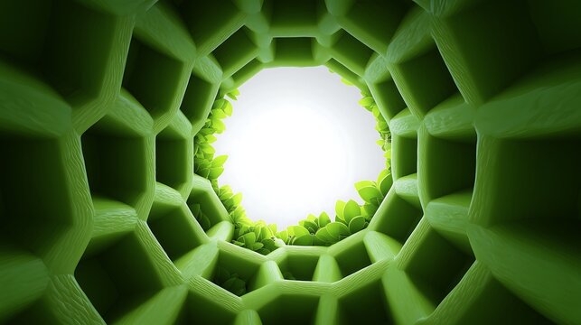 Stylized plant cell wall cutaway showing hexagonal cellulose fiber lattice structure