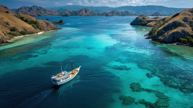 Traditional phinisi boat sailing through the turquoise waters of Komodo National Park in Indonesia
