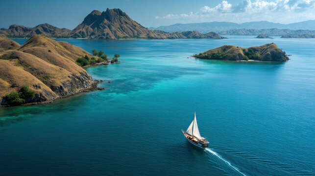 Traditional phinisi boat sailing through the turquoise waters of Komodo National Park, Indonesia.