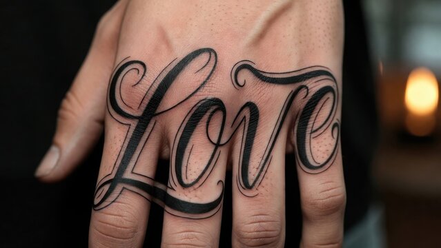 Hand showcasing large script love tattoo on fingers
