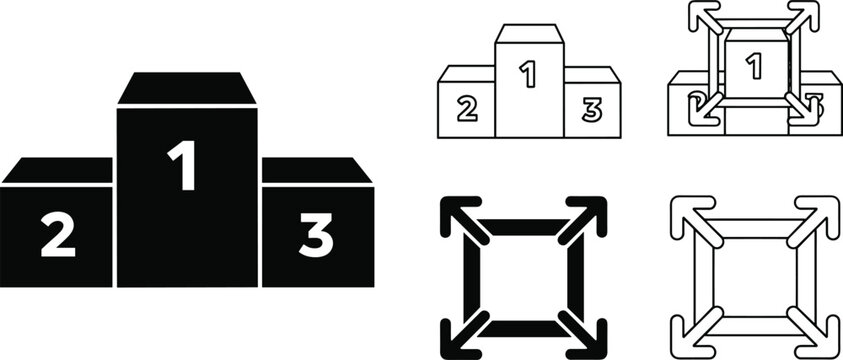Black and white podium ranking icons with numbers and expansion arrows representing fullscreen resizing in modern interface design