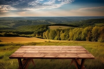 Fototapeta premium Wooden table with beautiful nature landscape of green fields