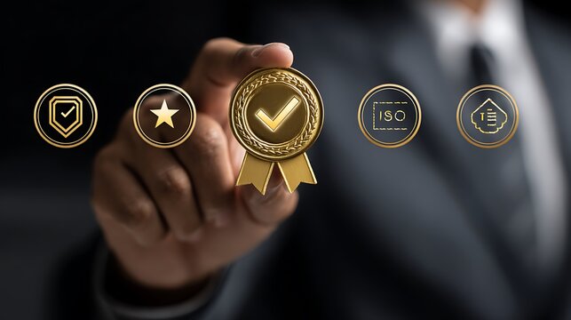A suited person holds a gold quality assurance badge, with other symbols in view