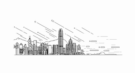 Naklejka premium Stylized minimalist line art of a city skyline with distant mountains and abstract streaks