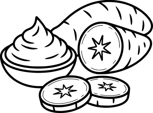 Hand-drawn of sweet potato puree in a bowl with sliced sweet potatoes