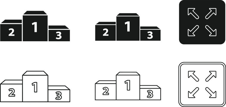 Minimal black and white icons showing podium ranking positions and fullscreen expansion arrows in simple modern interface design illustration