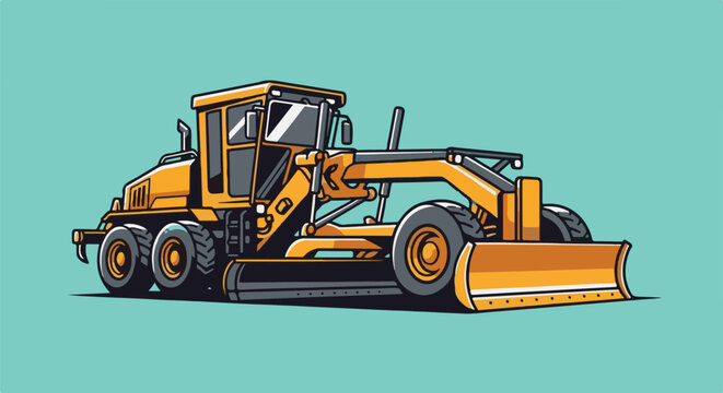 Stylized cartoon illustration of a yellow heavy-duty grader machine on a teal background