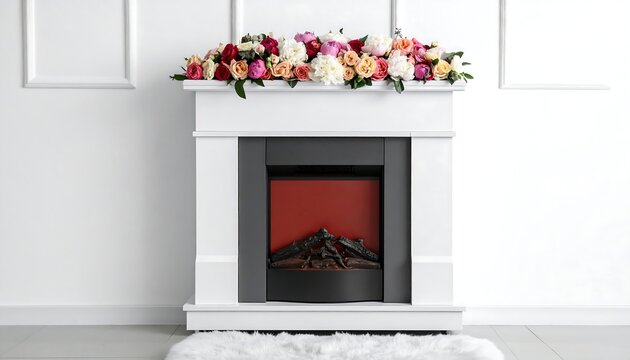 Ornate white fireplace with vibrant floral arrangement and faux fire