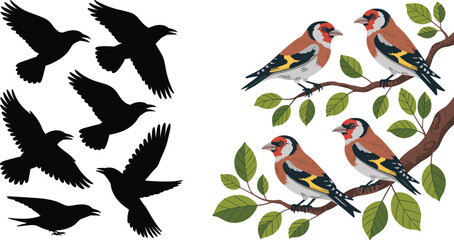 Fototapeta premium Vector illustration of flying bird silhouettes and perched colorful goldfinches on branches for nature and wildlife themes