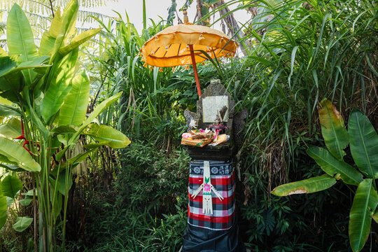 Traditional Balinese shrine with yellow umbrella in jungle garden