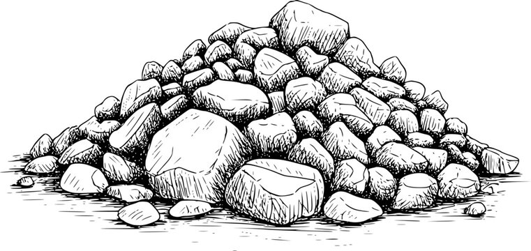 Hand-drawn pile of rough rocks, sketchy stone heap white background