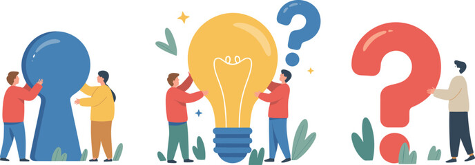 Vector illustration of people with keyhole, light bulb, and question mark representing problem‑solving and creativity themes © Mossadessur Rahman