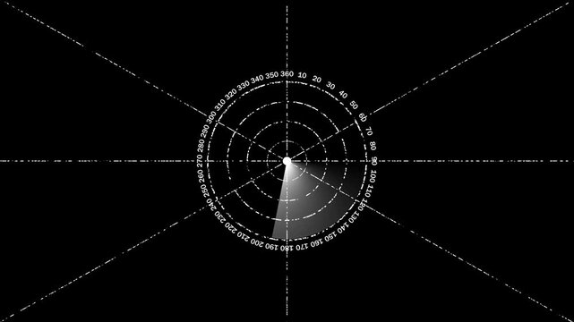 Digital radar screen interface with rotating scanning beam and circular degree markers on black background for military navigation aviation surveillance and