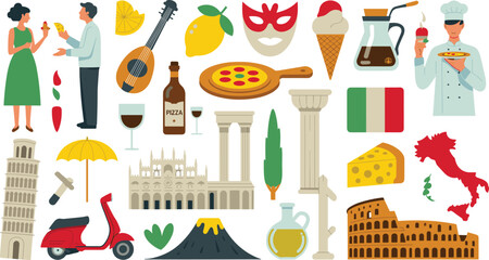 Vector illustration collage of Italian culture icons including food, landmarks, architecture, and lifestyle symbols © Creative Stoker