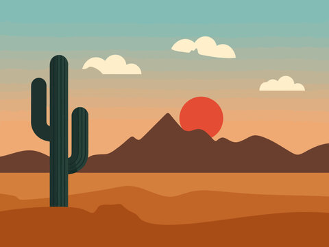 Minimalist desert landscape with saguaro cactus at sunset, warm earth tones