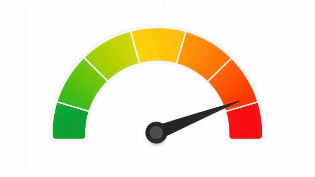 A colorful risk meter gauge with its needle pointing to the red section, indicating a high level, danger, poor performance, or maximum score.
