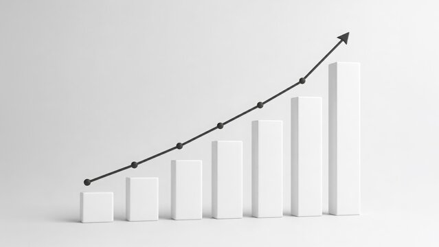 A minimalist white 3D bar chart with a black upward-trending line graph, symbolizing business growth, financial success, and positive progress.