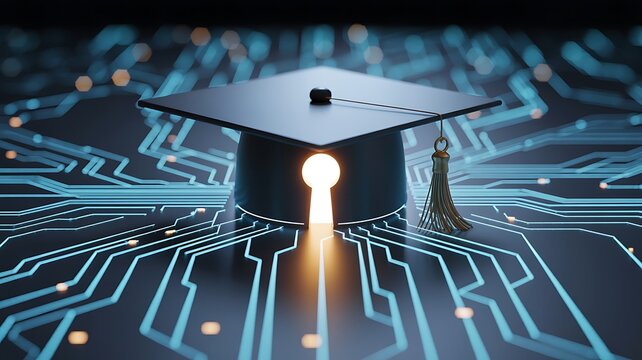 Digital education revolution a graduation cap illuminates a circuit board network symbolizing future learning
