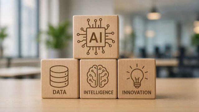 Wooden blocks on a table illustrate the core concepts of Artificial Intelligence (AI): data, intelligence, and innovation.
