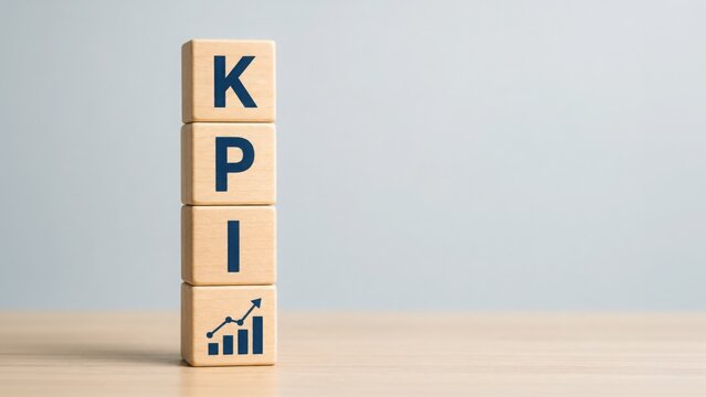 Wooden blocks spelling KPI with a growth chart icon, representing Key Performance Indicator, business metrics, and success.
