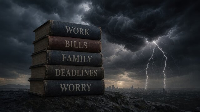 A stack of books labeled with life's burdens like Work, Bills, and Worry sits under a dramatic, stormy sky with lightning striking a distant city.