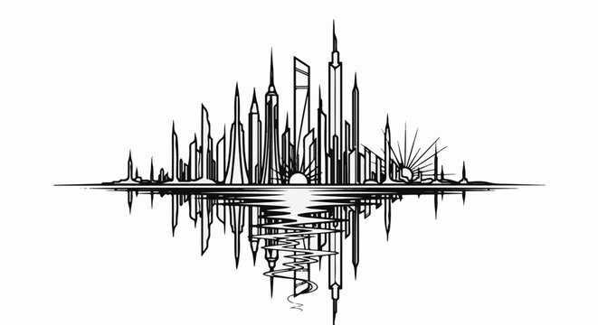 Stylized cityscape with mirrored reflection and a sunburst