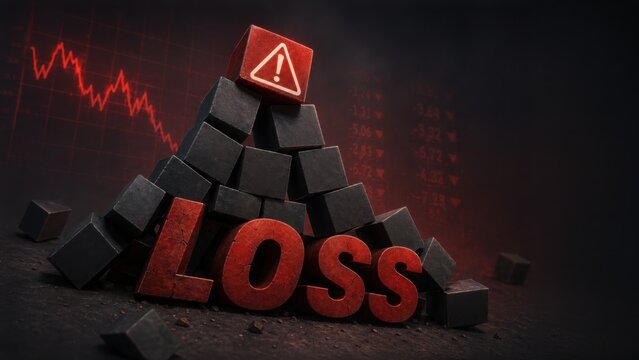 A dramatic depiction of a financial crisis with the word 'LOSS', a crumbling structure, a warning sign, and a falling red stock market chart.