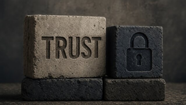 Stone blocks illustrating trust and security. A large block with the word "TRUST" sits next to a smaller one with a padlock symbol, representing a solid, secure foundation.