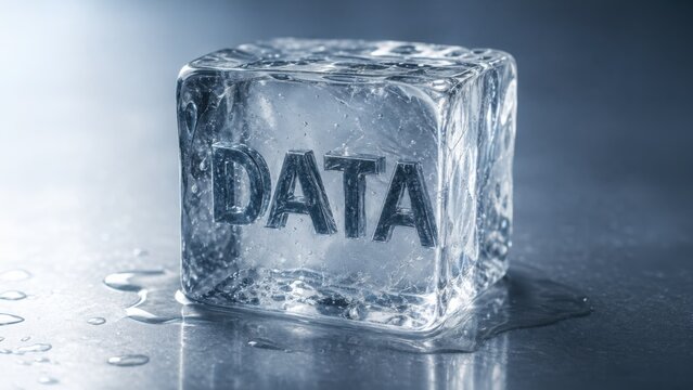 A clear ice cube with the word DATA frozen inside, melting into a puddle on a cool, reflective surface.