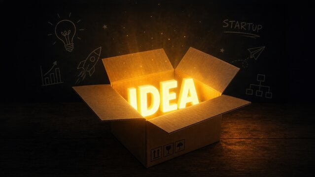 A glowing 'IDEA' word inside an open cardboard box, symbolizing a startup launch with creative doodles on a dark background.