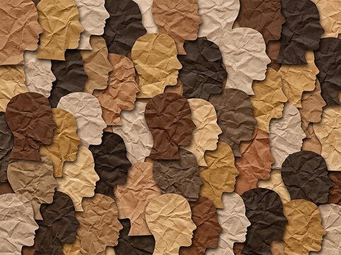 A collage of diverse human profiles made from textured paper, showcasing unity and diversity.