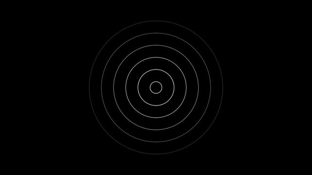 Minimalist concentric circles animation expanding from center on black background motion overlays and digital interface featuring thin white geometric rings