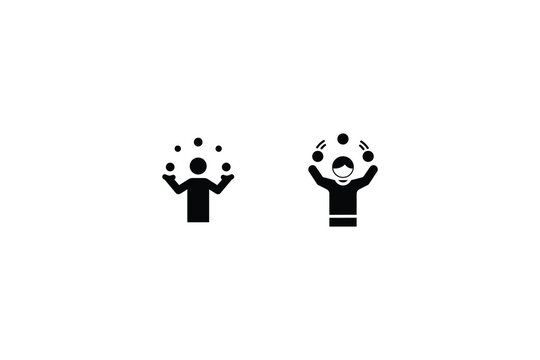 Two black silhouette icons depicting people juggling multiple objects