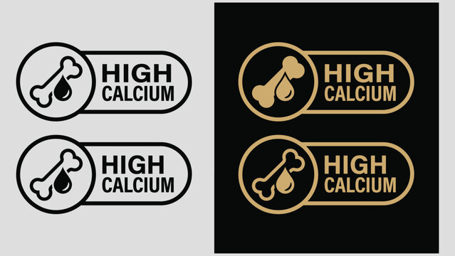 Premium High calcium label vector design for packaging. High calcium icon gold illustration, logo, symbol, sign, stamp, tag, emblem, mark or seal for package. Rich source of minerals product sticker.
