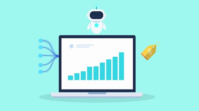 Animated laptop displaying rising data chart connected to cloud system with flowing lines and coin icon, representing financial growth, analytics, and digital business success.
